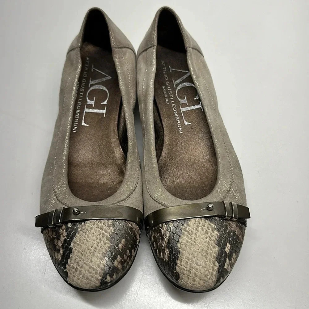 AGL Ballet Flats Shoes Cap Top Buckle Suede Snakeskin Metallic Size 36.5 6.5